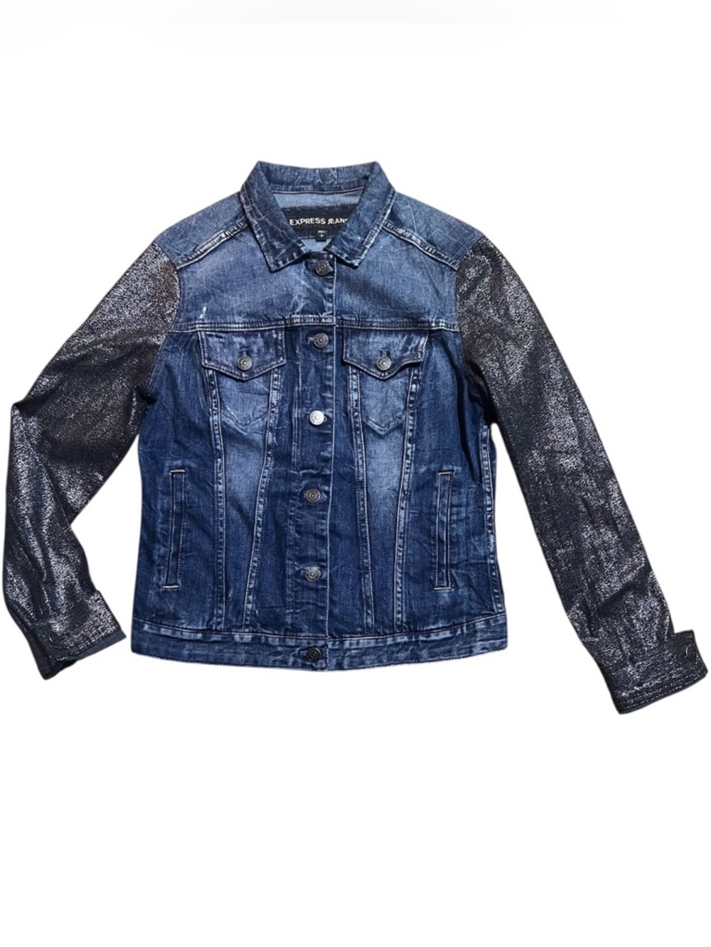 Express Blue Denim Jacket with Shimmery Black Sleeves Light Distressing Size S